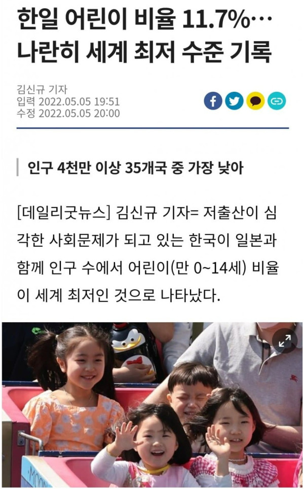 한국과 일본의 어린이 비율